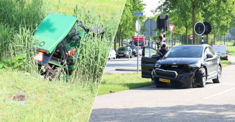 Grasmaaimachine belandt in sloot na aanrijding met auto in Hengelo