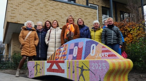 Barbara Fransen haar zussen bewoners Lonneker Steumke en medewerkers DCW bij het Ferdinand Fransen Enschede700 mozaiekbankje