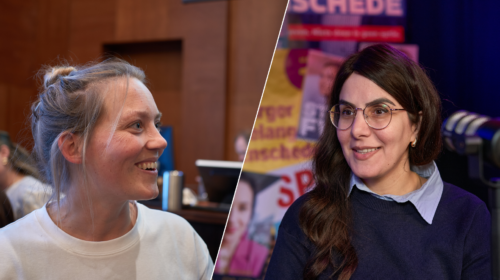 Willemijn Punte Zwart en Narda Teke Bozkurt wethouderskandidaten Groen Links Pvd A Enschede foto Ernst Bergboer