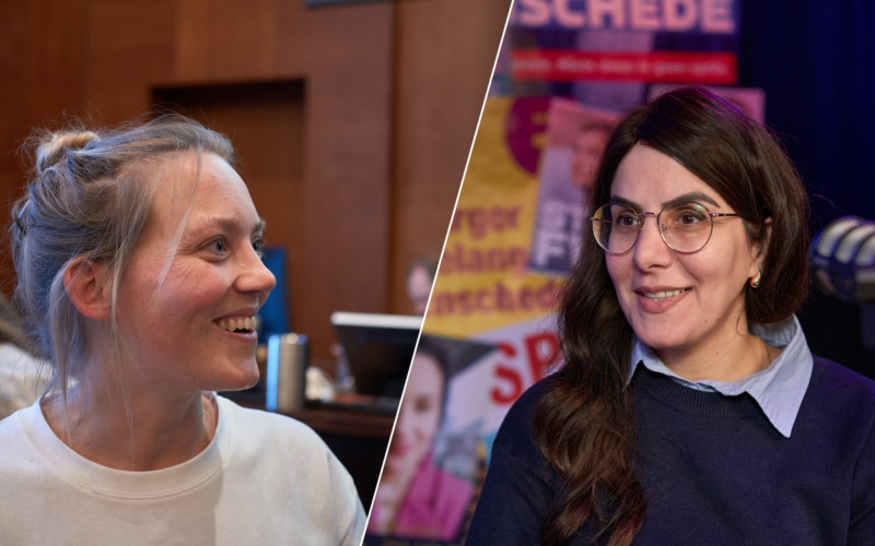 Willemijn Punte Zwart en Narda Teke Bozkurt wethouderskandidaten Groen Links Pvd A Enschede foto Ernst Bergboer