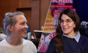 Willemijn Punte Zwart en Narda Teke Bozkurt wethouderskandidaten Groen Links Pvd A Enschede foto Ernst Bergboer