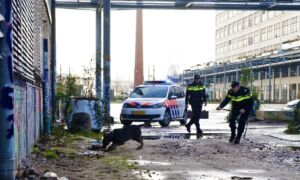 Agenten speuren met diensthond bij fabrieksterrein foto van politie