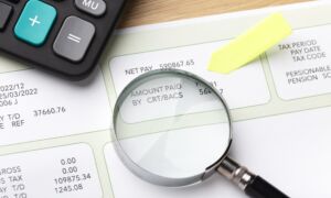 Payroll still life with magnifying glass