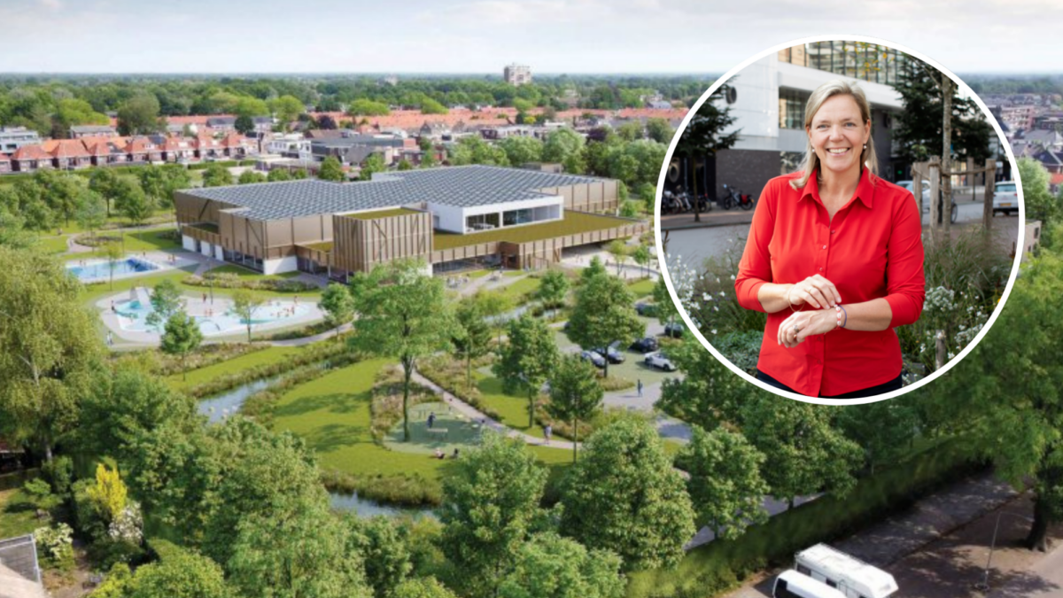 Foto Marieke ter Brugge en het nieuwe sportpark op de achtergrond