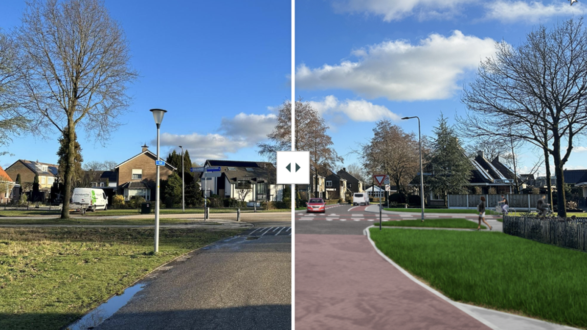 Visualisatie Knik t.h.v. huisnummer 1, kijkend naar kruispunt met Lattropperstraat