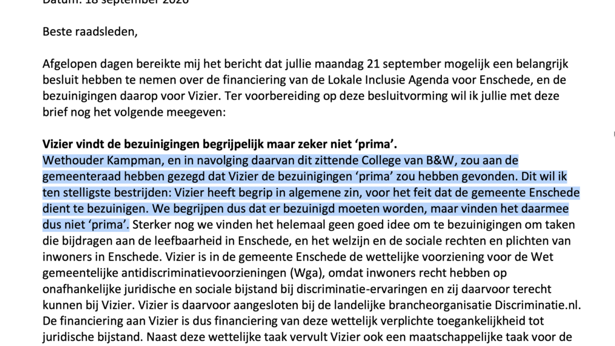 brief Vizier aan gemeenteraad - 18 september 2026 - bezuinigingen