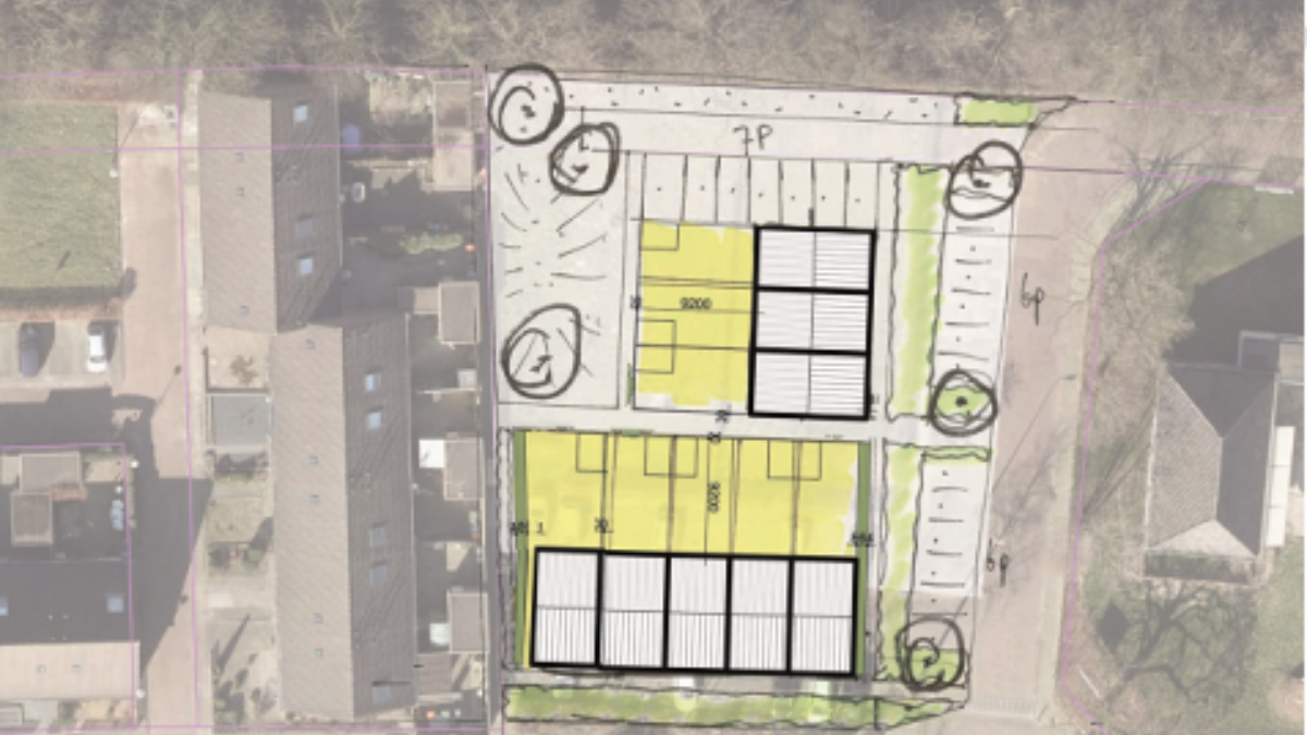 Schets bouwplan hoeklocatie.