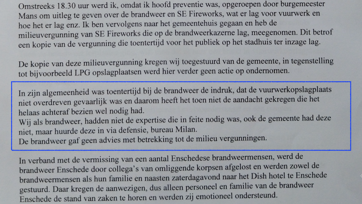 vuurwerkramp - verklaring Weges bij PD Recherche - nalatigheid brandweer