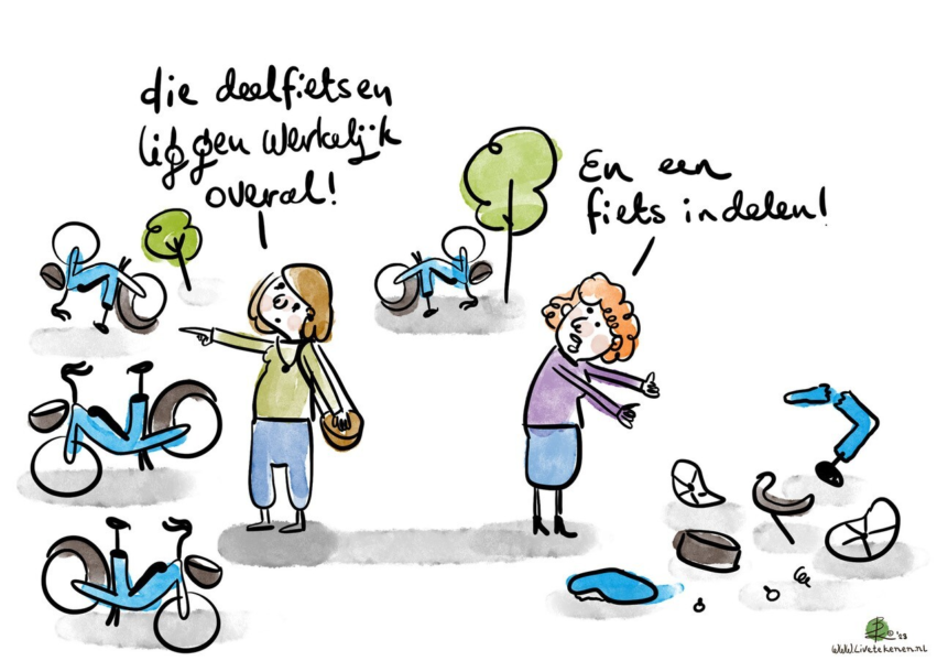 Deelfietsen cartoon fietscafé Bas Köhler