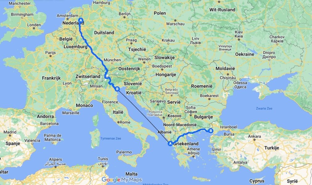 Fietsroute Sümeyye Sahin naar Turkije Google Maps