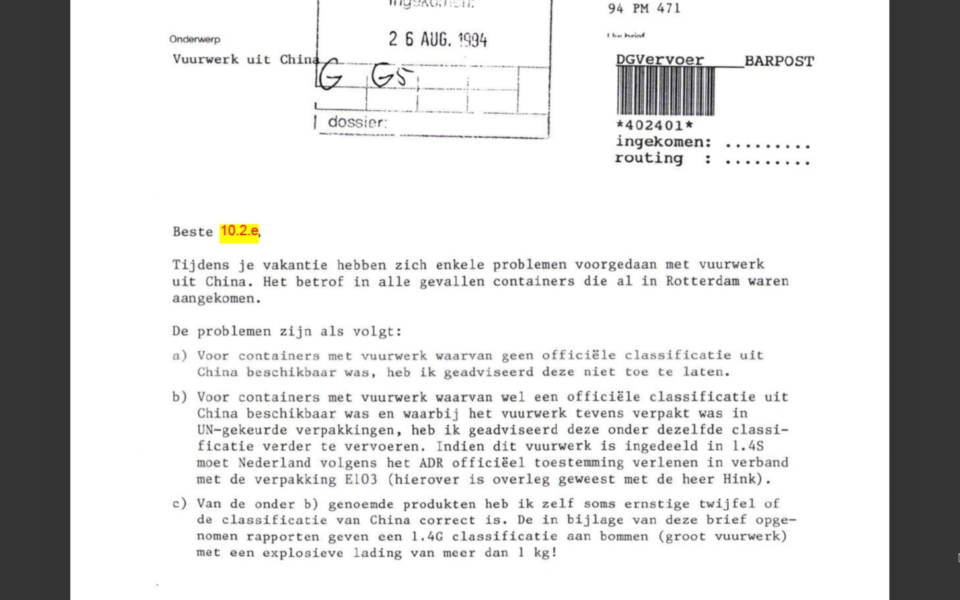 TNO brief 1994 - classificaties van vuurwerk