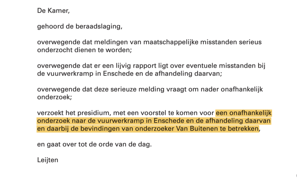 Motie Leijten - vuurwerkramp - Tweede Kamer